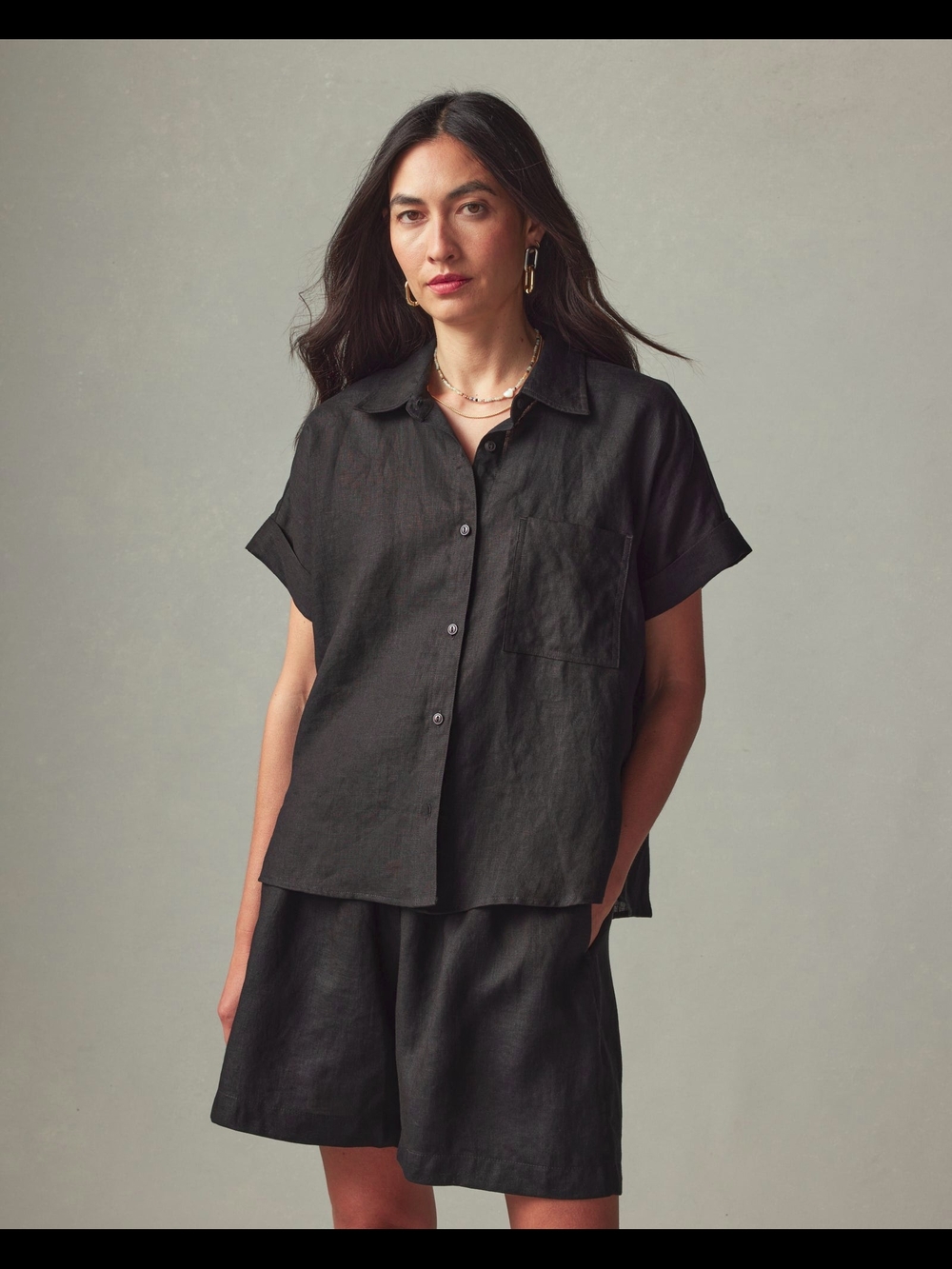 American Giant Black Short Sleeve Button-Front Shirt